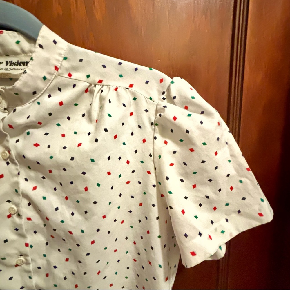 vintage ship’n shore white button up blouse w/ diamond confetti party print 🔸♦️🔷 - Picture 7 of 15